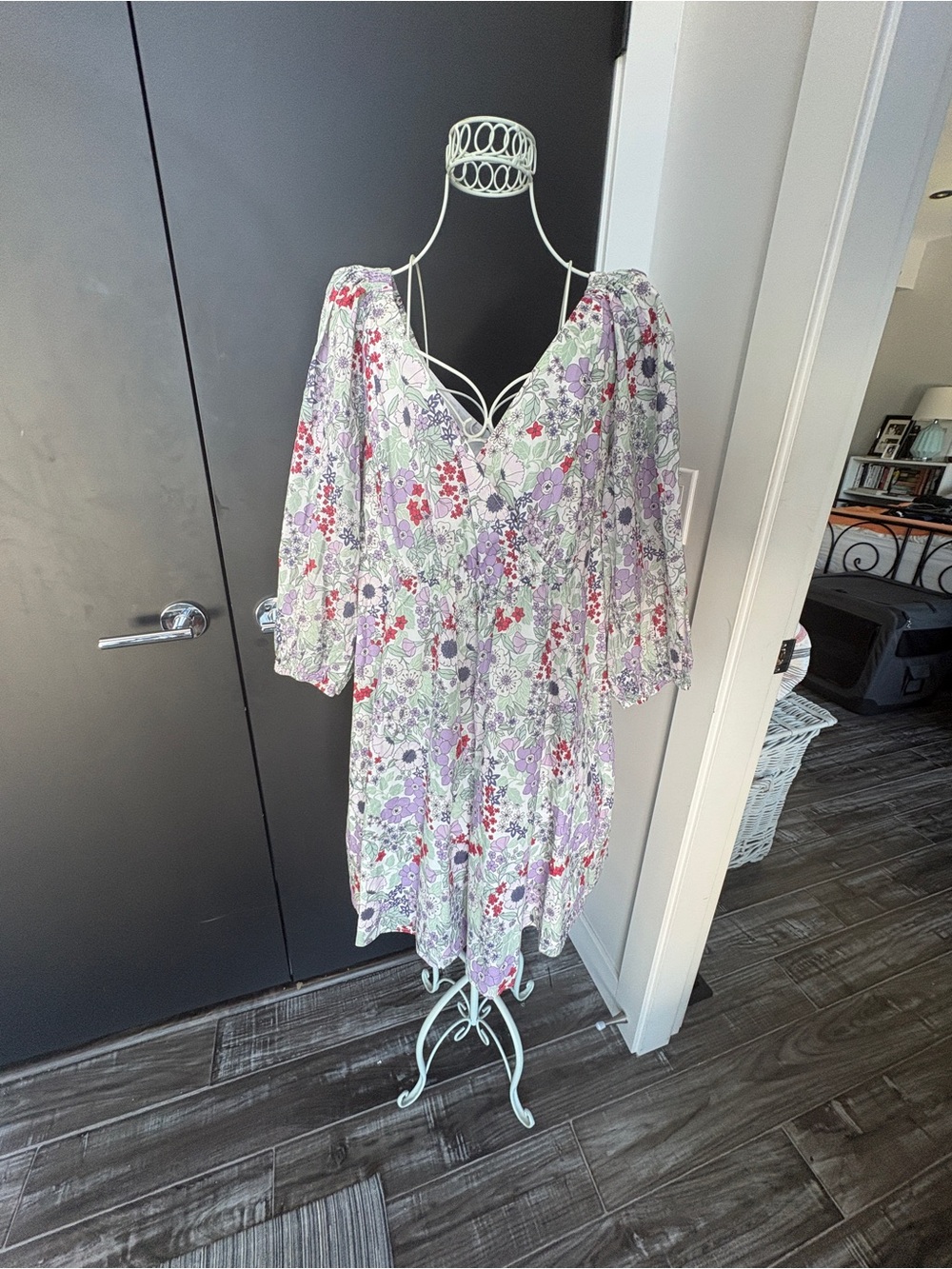 Floral V-Neck Puff Sleeve Mini Dress — Lavender & Red Floral